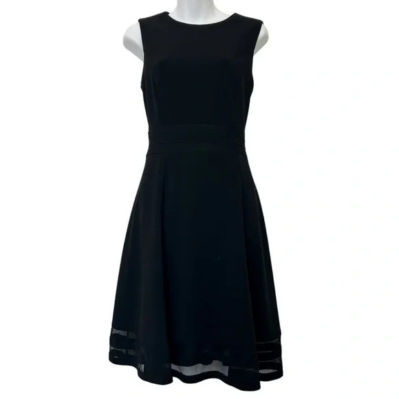 Calvin Klein sleeveless black crepe knit fit flare dress mesh panels size 10 - Picture 1 of 11